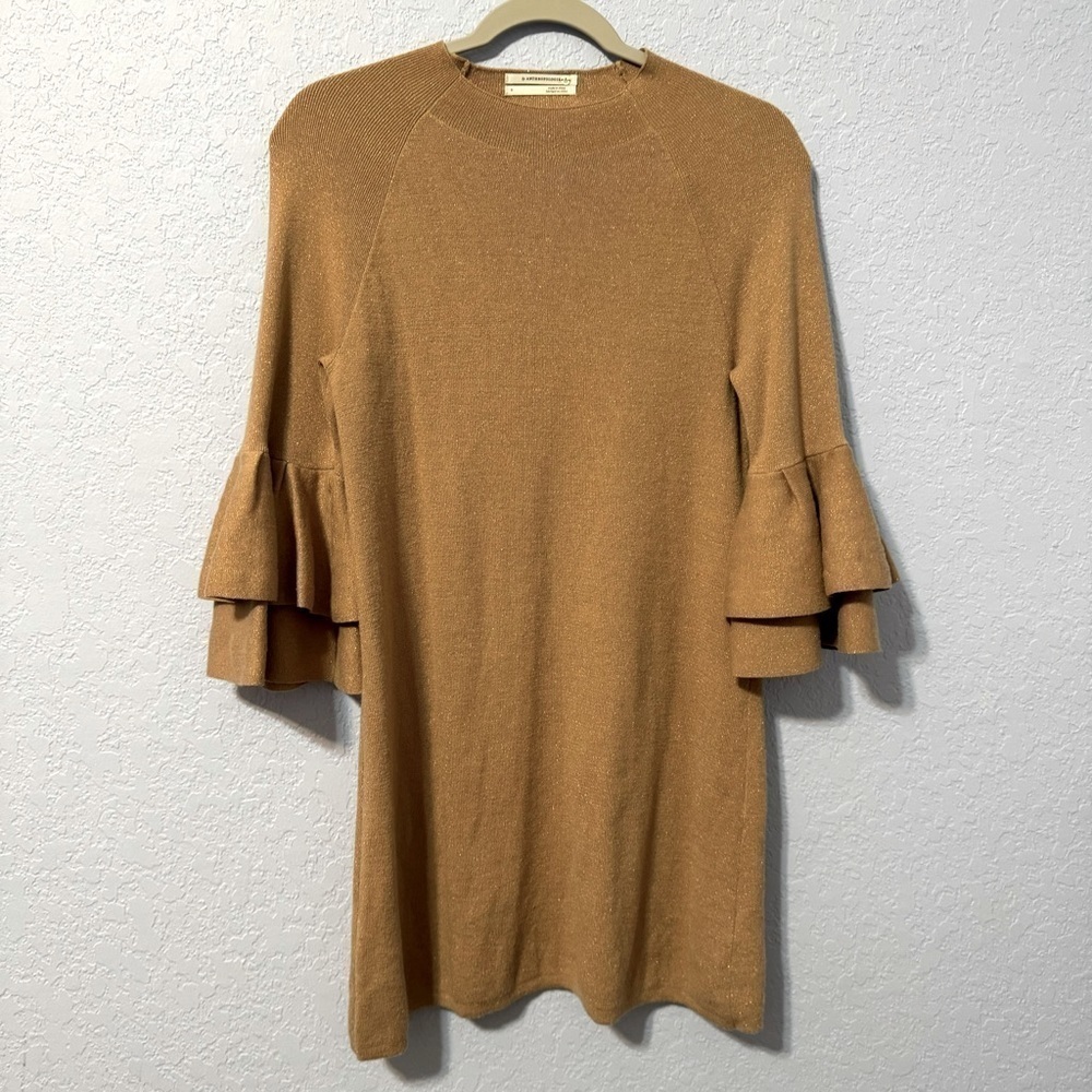 Anthropologie Claudette Metallic Tan Sparkling Ruffle Sweater Dress